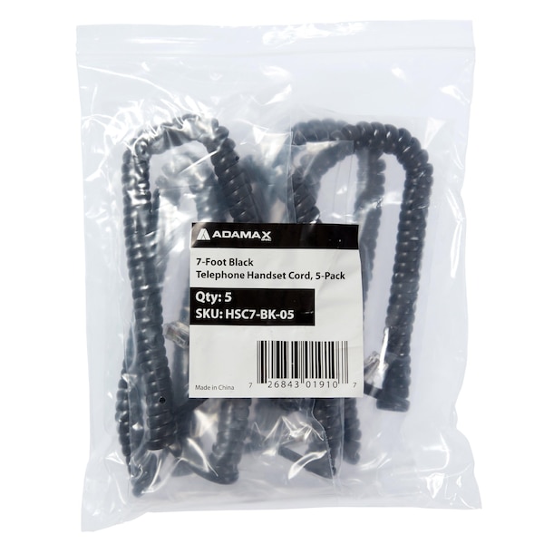 Newhouse Hardware 7 ft Uncoiled/1.33 ft Coiled Telephone Handset Cord, With RJ9 (4P4C) Connectors, Black, 5PK - HSC7-BK-05