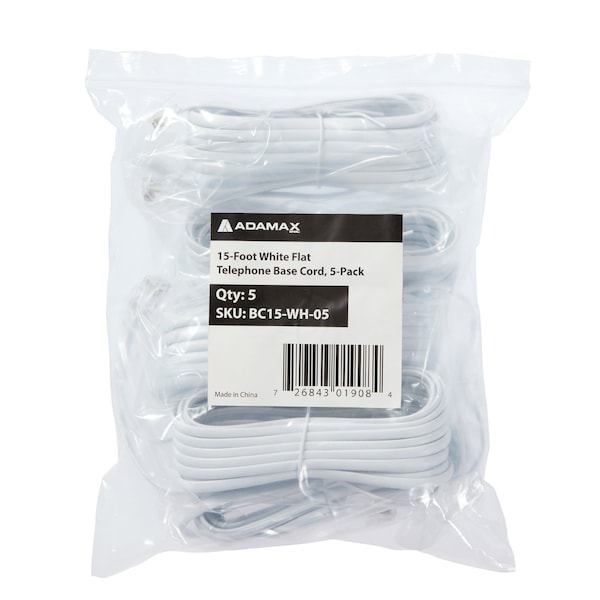 Newhouse Hardware 15 ft Telephone Extension Cord, With RJ11 (6P4C) Connectors, White, 5PK - BC15-WH-05