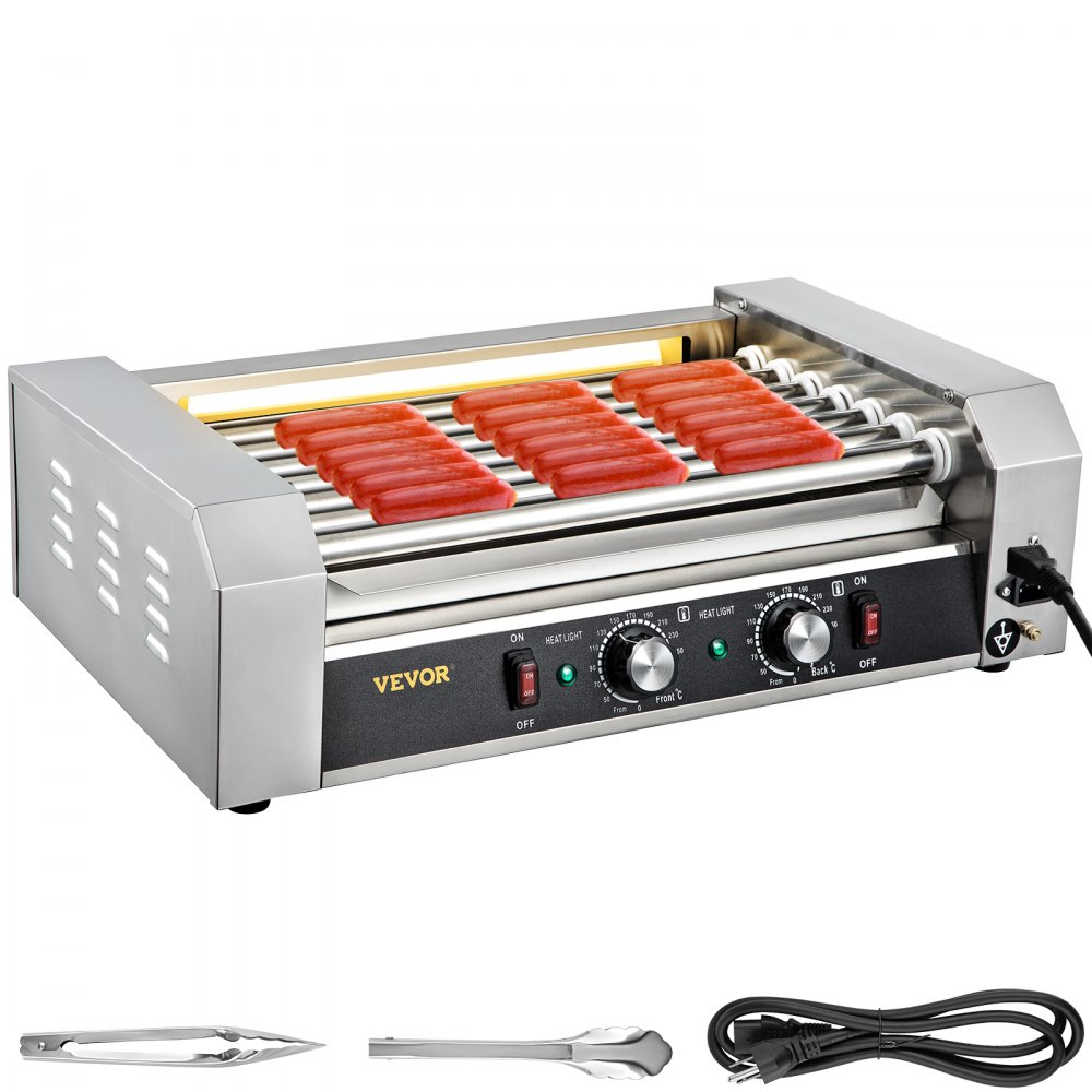 VEVOR Hot Dog Roller, 18 Hot Dog Capacity 7 Rollers, 1050W Stainless Steel Cook Warmer Machine with Dual Temp Control, LED Light and Detachable Drip Tray, Sausage Grill Cooker for Kitchen Restaurant - GWGRGJBX7110VO39AV1