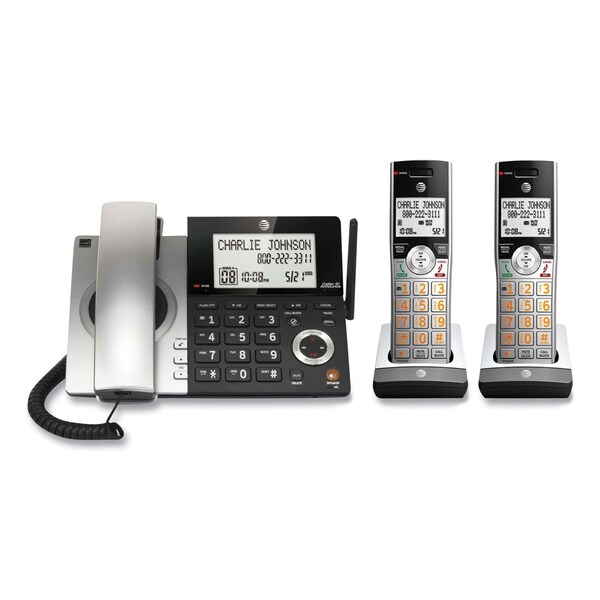 At&T Corded/Cordless Phone, Corded Base Station and 2 Additional Handsets, Black/Silver - CL84207