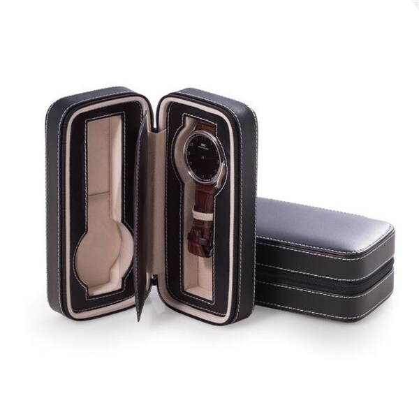 Bey Berk International Bey-Berk International BB591BLK Black Leather Two Watch Travel Case with Form Fit Compartments - BB591BLK