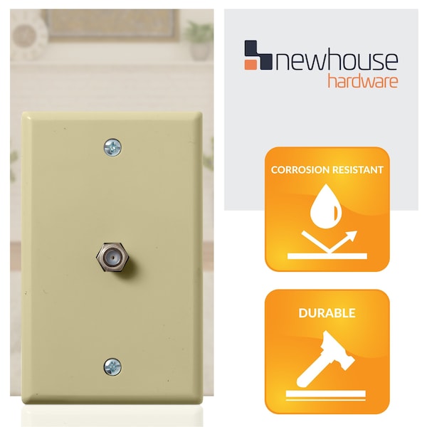 Newhouse Hardware 1-Port TV Cable Wall Plate, F Connector, for Coax Cable, Single Gang Video Wall Jack, Ivory, 5PK - TVP-IV-05