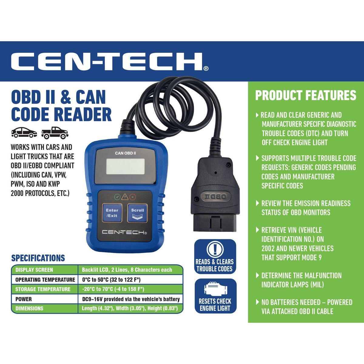 Cen-Tech OBD II Lector de Códigos - 64981.