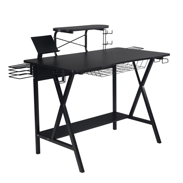 Poder Shelf Tray Basket Storage Tablet Station Power Strip Cable Mngmnt & Cup Holder Gaming Desk, Black - PO2582208