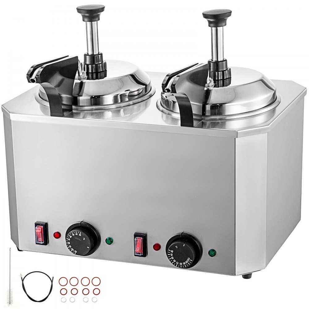 VEVOR Cheese Warmer with Pump, 5.28 Qt Capacity Cheese Dispenser Hot Fudge Warmer, Dual Head Spout Heater 1300 W Cheese Warmer Dispenser, 30-110℃ Temp Adjustable 110 V Heated Pump Dispenser - DRNZB2TBJR0000001V1