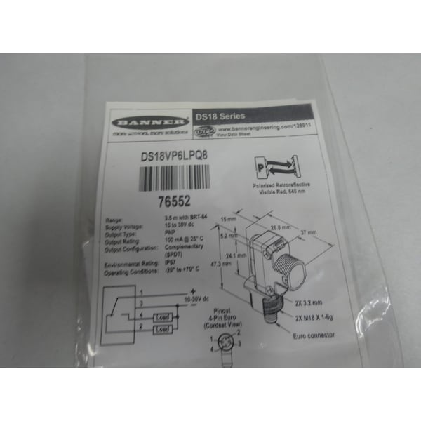 Banner DS18 SERIE AMPLIA MONTAJE EN BARRIL DE HAZ AMPLIO 10-30V-DC OTROS SENSORES - DS18VP6LPQ8 76552