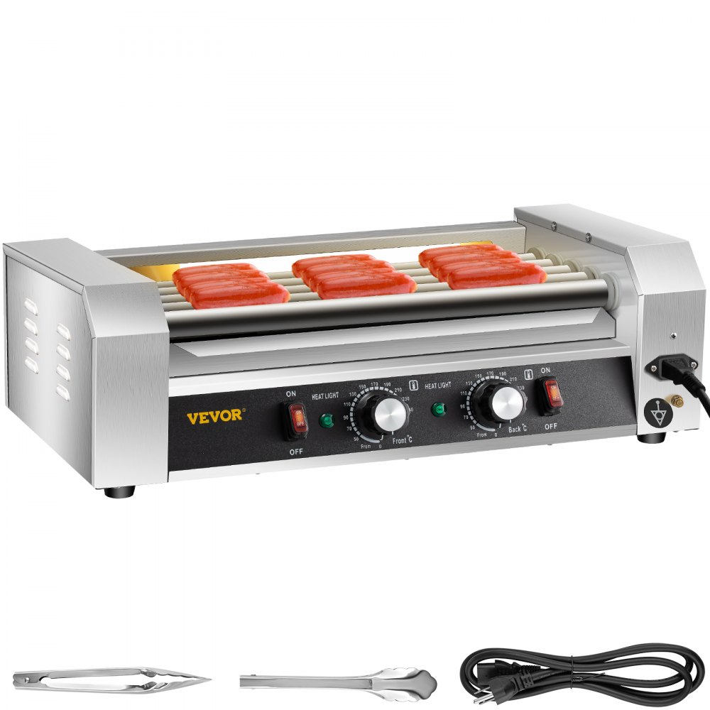VEVOR Hot Dog Roller, 12 Hot Dog Capacity 5 Rollers, 750W Stainless Steel Cook Warmer Machine with Dual Temp Control, LED Light and Detachable Drip Tray, Sausage Grill Cooker for Kitchen Restaurant - GWGRGJBX5110VDRWBV1