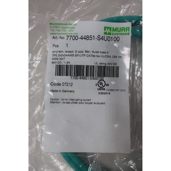 CABLE DE CORDSET Murr Elektronik 1M 30V-DC - 7700-44851-S4U0100