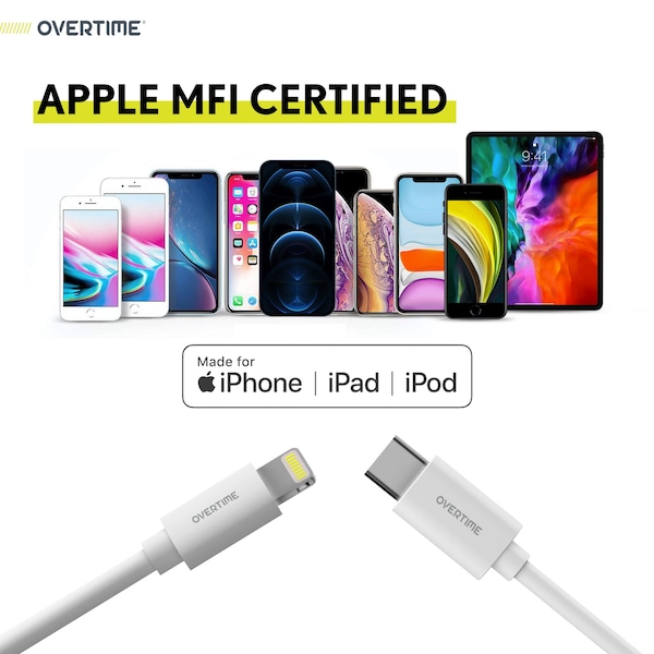 Overtime USBC to Lightning Charging Cable - Pack of 3 Phone Charging Cables - OTDCIPUSBTC6WHX3