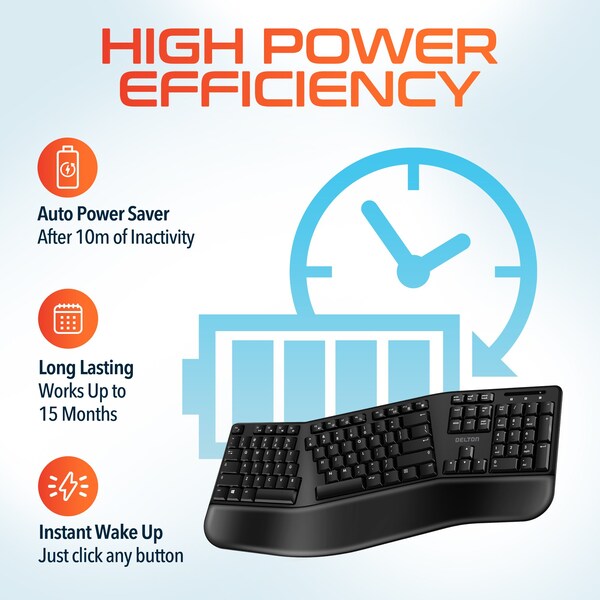 Delton Ergonomic Wireless Battery Keyboard for PC Laptop Office Remote Work - DKMKITERG20-WB