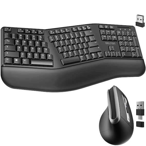Delton Ergonomic Wireless Battery Keyboard for PC Laptop Office Remote Work - DKMKITERG20-WB