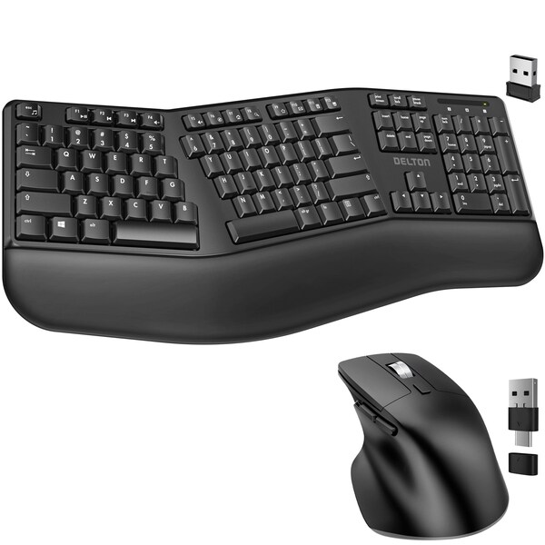 Delton Ergonomic Wireless Battery Keyboard for PC Laptop Office Remote Work - DKMKITERG18-WB