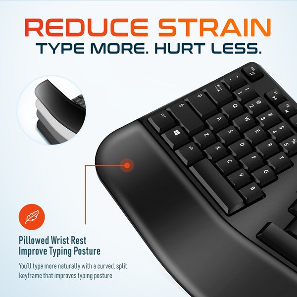 Delton Ergonomic Wireless Battery Keyboard for PC Laptop Office Remote Work - DKMKITERG18-WB