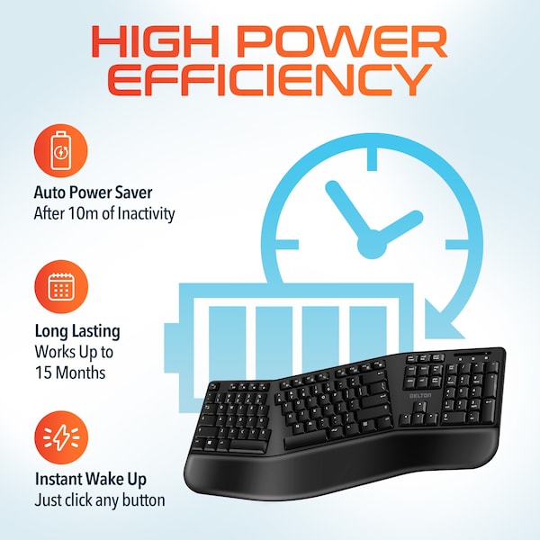 Delton Ergonomic Wireless Battery Keyboard for PC Laptop Office Remote Work - DKMKITERG18-WB