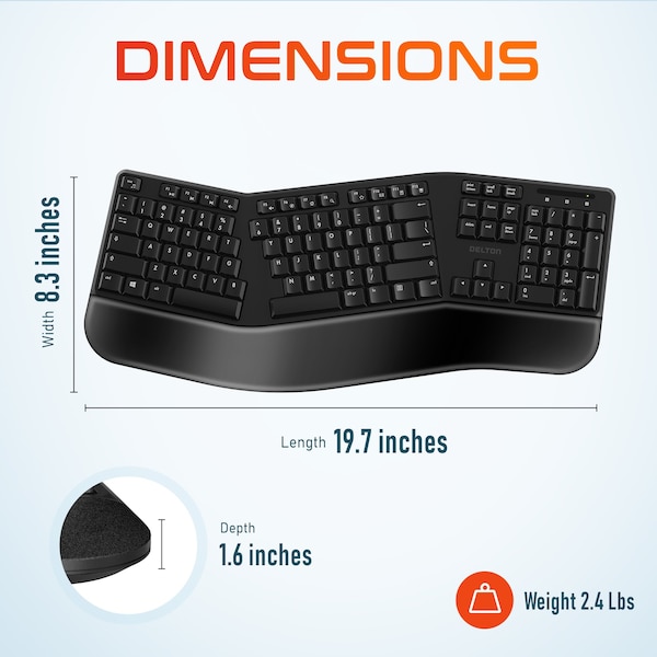 Delton Ergonomic Wireless Battery Keyboard for PC Laptop Office Remote Work - DKMKITERG18-WB