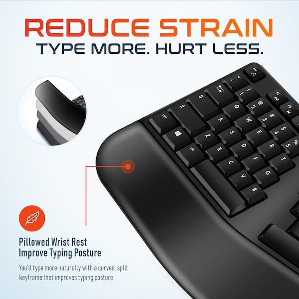 Delton Wireless Ergonomic Keyboard with Wrist Rest 3D Curved Keys Full Size 104 Keys Auto Pair USB - DKBERG24G8-WB