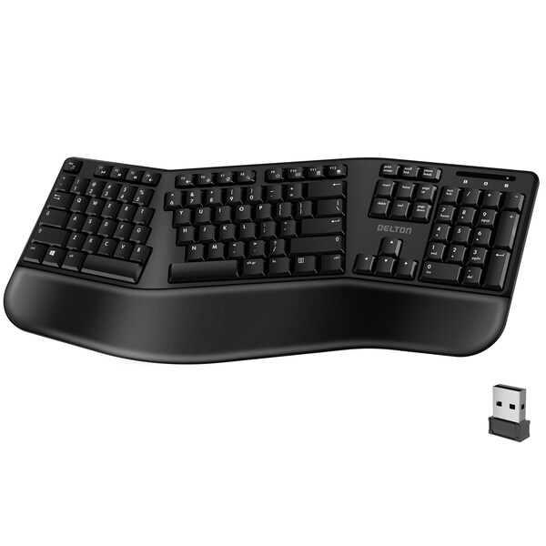 Delton Wireless Ergonomic Keyboard with Wrist Rest 3D Curved Keys Full Size 104 Keys Auto Pair USB - DKBERG24G8-WB