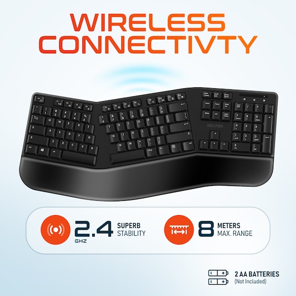 Delton Wireless Ergonomic Keyboard with Wrist Rest 3D Curved Keys Full Size 104 Keys Auto Pair USB - DKBERG24G8-WB