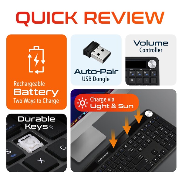 Delton KB90 Solar Keyboard for PC Laptop Travel Home Office Remote Work Anywhere - DKBSLR90