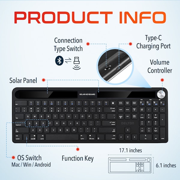 Delton KB90 Solar Keyboard for PC Laptop Travel Home Office Remote Work Anywhere - DKBSLR90