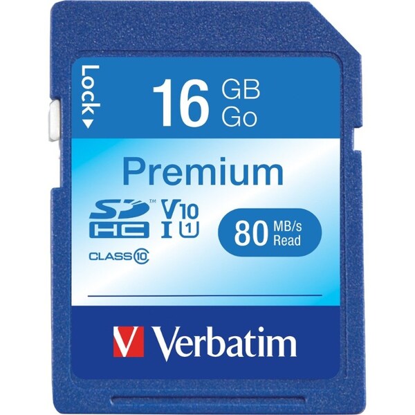 Verbatim Premium SDHC Memory Card, UHS-I V10 U1 Class 10, 16GB, Up to 80MB/s Read Speed - 96808