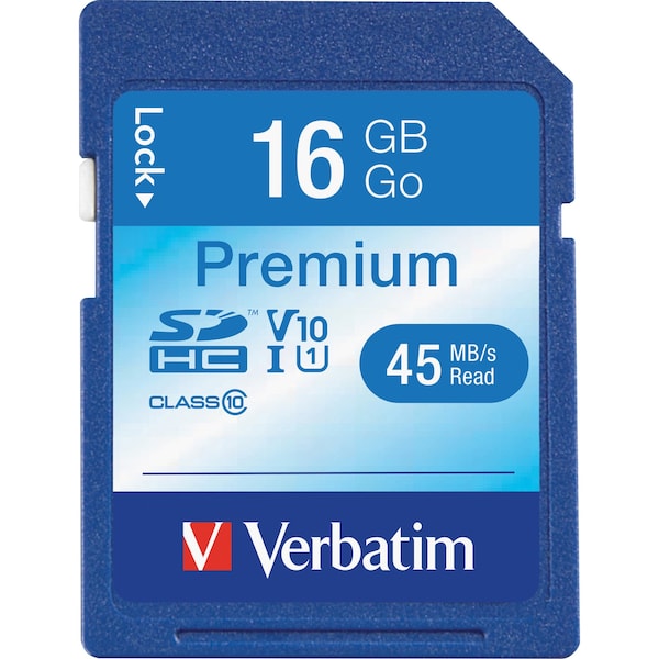 Verbatim Premium SDHC Memory Card, UHS-I V10 U1 Class 10, 16GB, Up to 80MB/s Read Speed - 96808