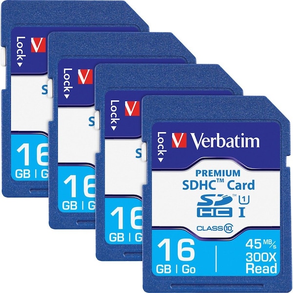 Verbatim SDHC Cards, 6 Hours, Speed Class 10, 16GB, 4/BX 4PK - VER96808BX