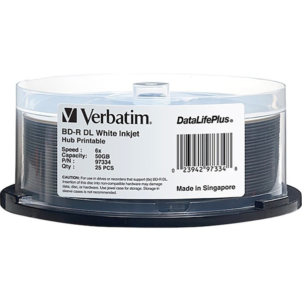 Verbatim Verbatim Bd-R Dl 50Gb 6X Datalifeplus White Inkjet Printable, Hub - 97334