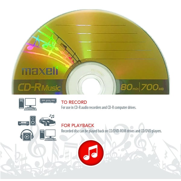 Maxell CD-R80 MU GOLD CDR 80 MINUTE WRITE ONCE FOR AUDIO RECORDING 50PK SPINDLE, 50PK - 625156