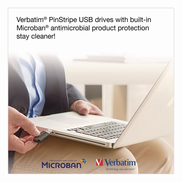 Verbatim Pinstripe USB 2.0 Flash Drive, 64 GB, Black, 10PK - 70901