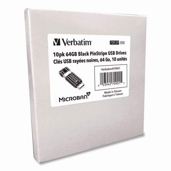 Verbatim Pinstripe USB 2.0 Flash Drive, 64 GB, Black, 10PK - 70901