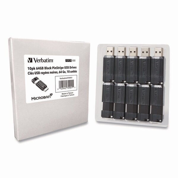 Verbatim Pinstripe USB 2.0 Flash Drive, 64 GB, Black, 10PK - 70901