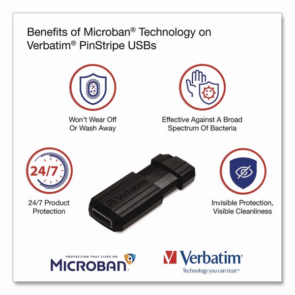 Verbatim Pinstripe USB 2.0 Flash Drive, 64 GB, Black, 10PK - 70901