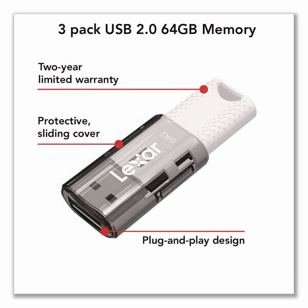 Lexar JumpDrive S60 USB 2.0 Flash Drive, 64 GB, Gray/White, 3PK - LJDS60-64GB3NNU