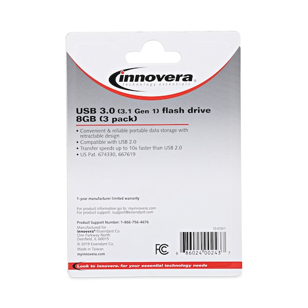 Innovera USB 3.0 Flash Drive, 8 GB, PK3 - 82308