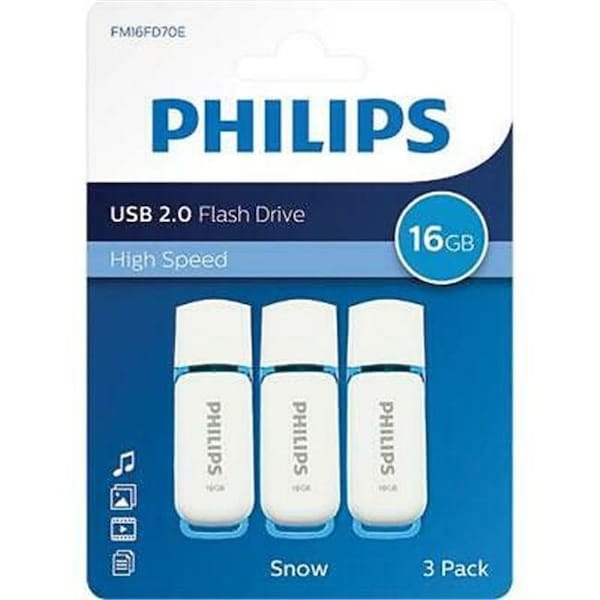 Signify Philips PHMMD16GSNOWU2P3 USB2.0 Snow 16GB Snow Edition Flash Drive; White & Blue - Pack of 3 - PHMMD16GSNOWU2P3
