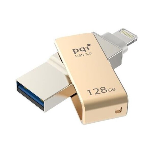 Pqi PQI 6I04-128GR2001 iConnect Mini Apple Mfi 128 GB Mobile Flash Drive with Lightning Connector for iPhones; iPads; Ipod; Mac & PC USB 3.0 - Gold - 6I04-128GR2001