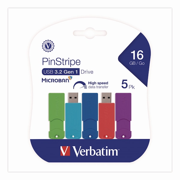 Verbatim PinStripe USB 3.0 Flash Drive, 16 GB, Assorted Colors, 5PK - 70387