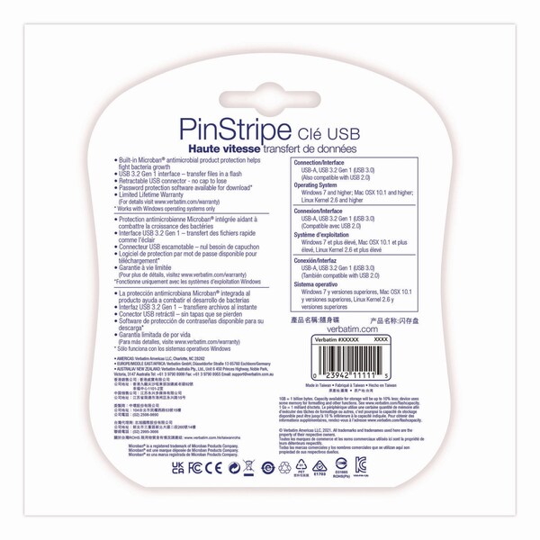 Verbatim PinStripe USB 3.0 Flash Drive, 16 GB, Assorted Colors, 5PK - 70387