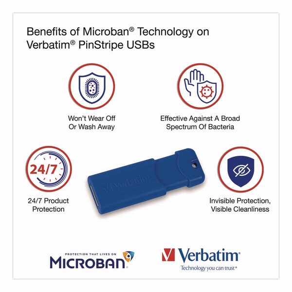 Verbatim PinStripe USB 3.0 Flash Drive, 16 GB, Assorted Colors, 5PK - 70387