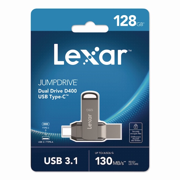 Lexar JumpDrive D400 USB 3.1 Flash Drive, 128 GB, Titanium - LJDD400-128GBNU