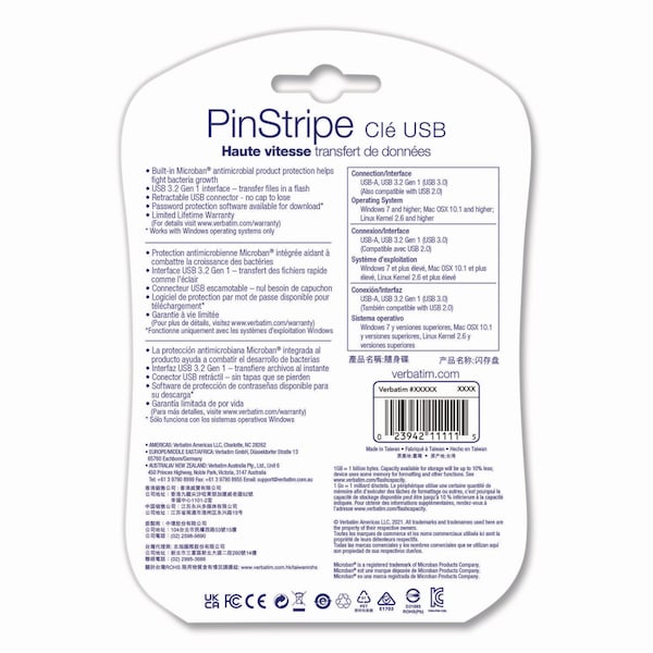 Verbatim PinStripe USB 3.0 Flash Drive, 128 GB, Blue/Green/Red, 3PK - 70390