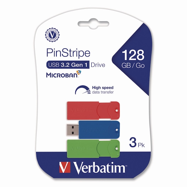 Verbatim PinStripe USB 3.0 Flash Drive, 128 GB, Blue/Green/Red, 3PK - 70390