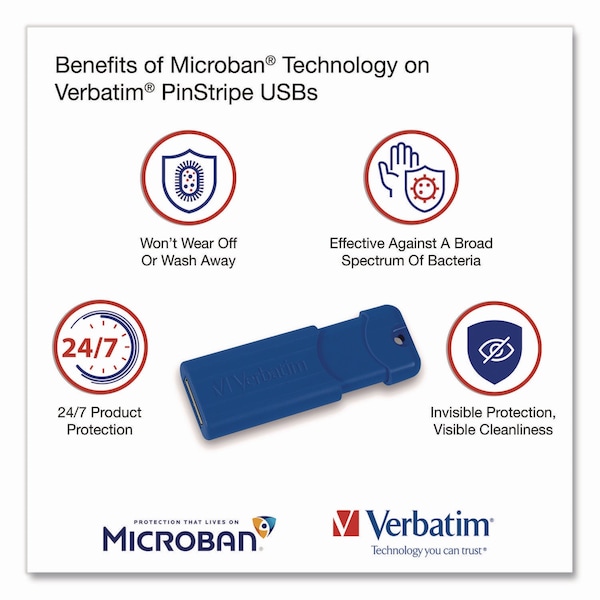 Verbatim PinStripe USB 3.0 Flash Drive, 128 GB, Blue/Green/Red, 3PK - 70390