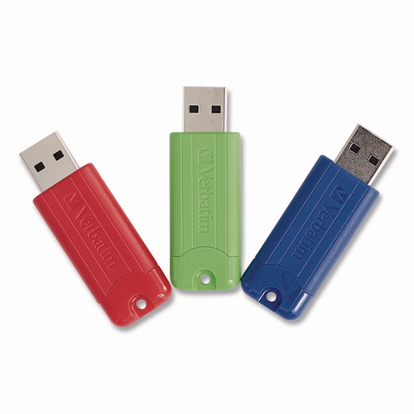 Verbatim PinStripe USB 3.0 Flash Drive, 128 GB, Blue/Green/Red, 3PK - 70390
