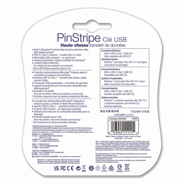Verbatim PinStripe USB 3.2 Flash Drive, 64 GB, Assorted Colors, 5PK - 70389