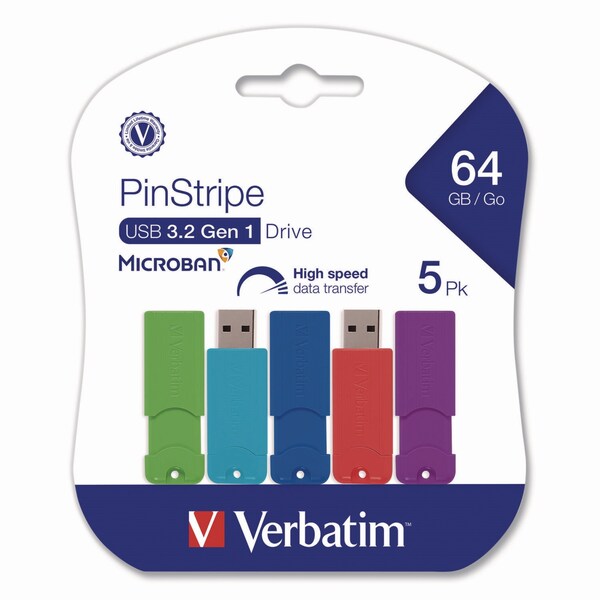 Verbatim PinStripe USB 3.2 Flash Drive, 64 GB, Assorted Colors, 5PK - 70389