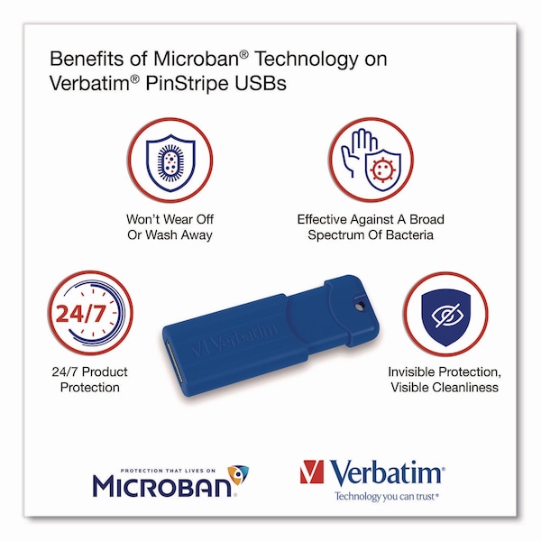 Verbatim PinStripe USB 3.2 Flash Drive, 64 GB, Assorted Colors, 5PK - 70389