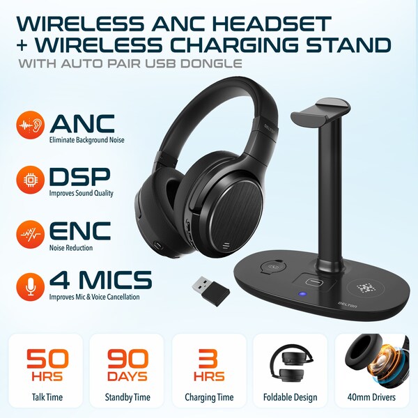 Delton D101 Wireless Computer Headset and Stand Charging Station Bluetooth Stereo Headphoones - DHSWC1101XD