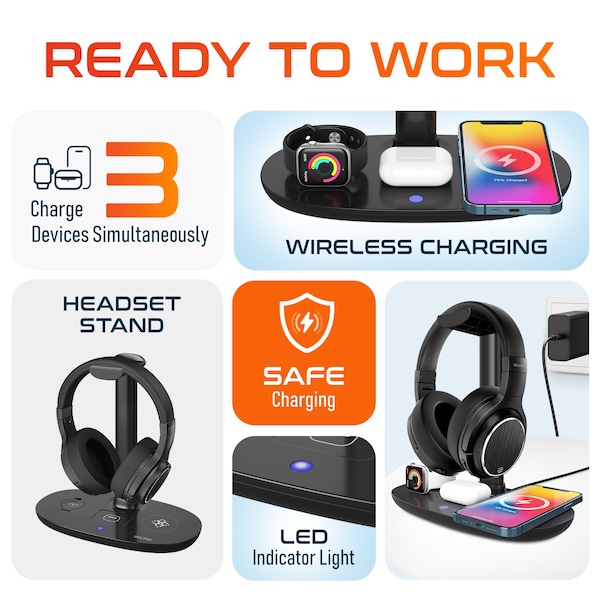 Delton D101 Wireless Computer Headset and Stand Charging Station Bluetooth Stereo Headphoones - DHSWC1101XD